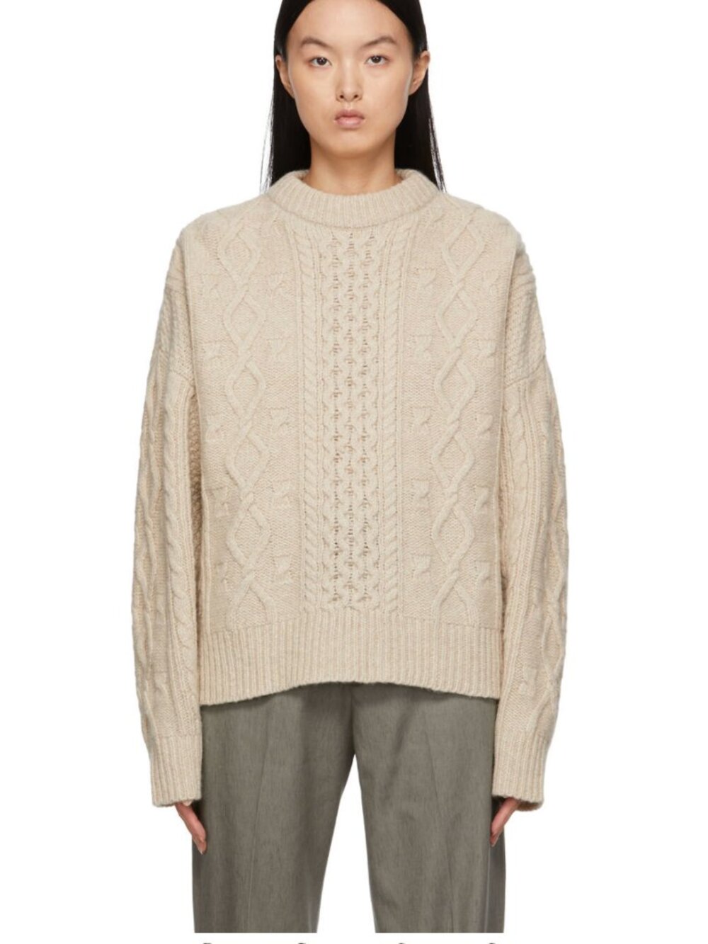 HOPE Bound Wool Cable Knit Sweater XS Oat Beige